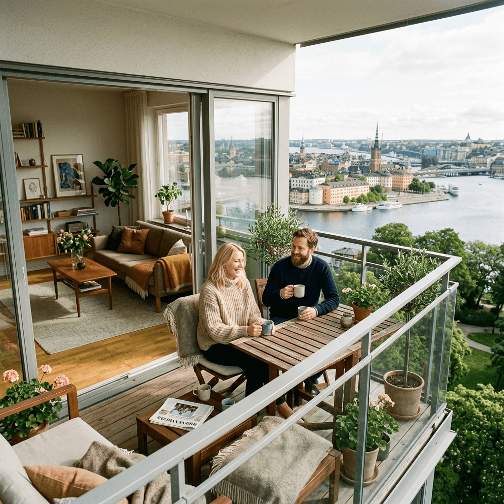 Par njuter av morgonkaffe på balkong med panoramautsikt över Stockholms takåsar och vatten